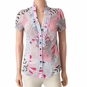 Vintage AGB Floral Feminine Shortsleeved Ruffle Front Blouse Size S